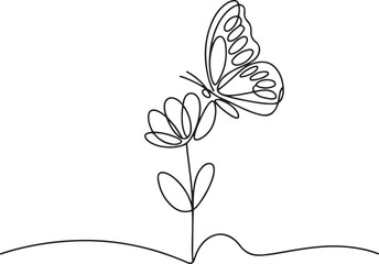 One continuous line drawing of butterfly with flower.one line vector illustration with out background