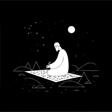 Illustration of islamic scholar writing calligraphy under the moon and stars in the night sky art