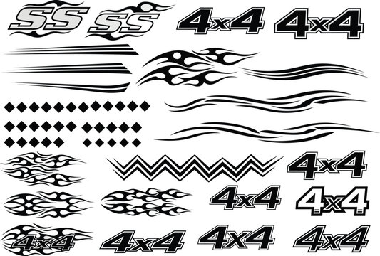 Automotive vinyl decal set with flames, tribal patterns, and 4x4 racing stickers