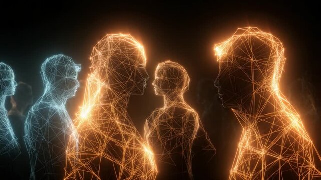 Glowing Human Figures: An array of radiant human figures, their forms defined by luminous lines, creates a mesmerizing display against the backdrop of an unbounded and dark space.