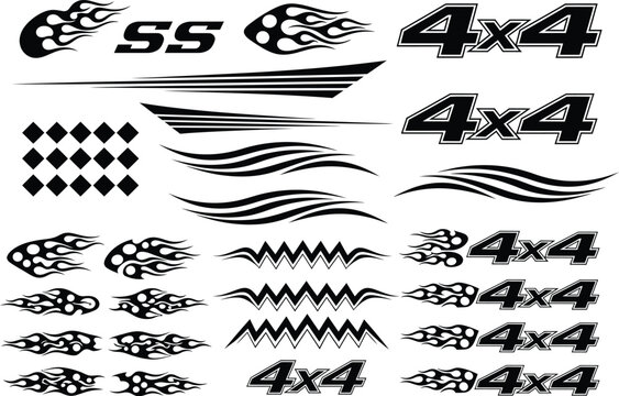 Tribal flame decals and 4x4 racing graphics collection for vehicle customization