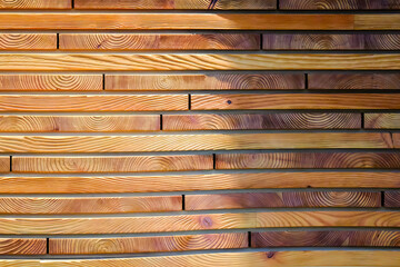 A detailed, close-up photograph of a textured wooden wall made from horizontal planks. The wood has a warm, golden-brown hue with prominent, wavy grain patterns and growth rings visible on each plank.
