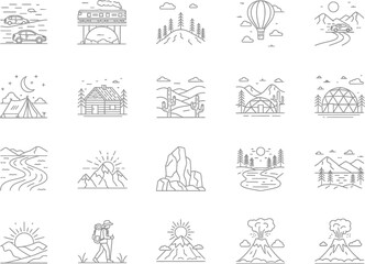 Obraz premium Diverse collection of minimalist travel and nature adventure line art icons featuring camping tents, mountains, desert landscapes, hiking, volcanoes, and transportation.