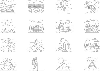 Minimalist outdoor adventure and travel icon set with simple line drawings of mountain landscapes, desert scenes, camping gear, volcanoes, and various modes of transportation.