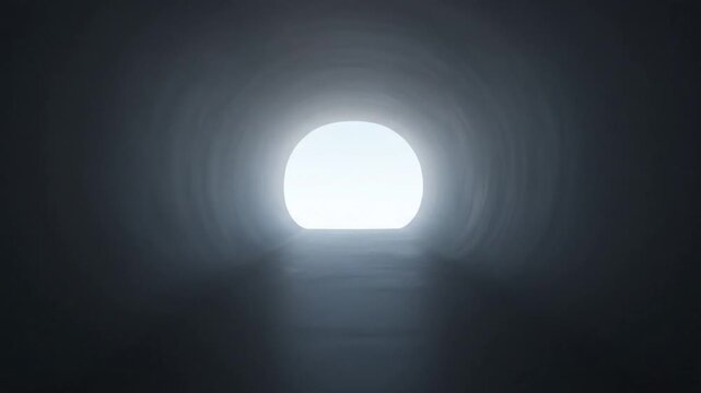 A dark tunnel stretches out with a bright light at the end in sight.