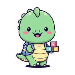 Obraz premium Adorable cartoon dinosaur character holding colorful alphabet blocks cheerful