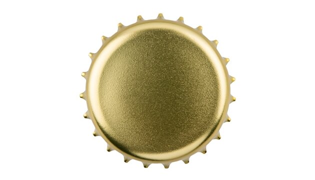 Isolated, close-up top view of a shiny, golden metal bottle cap