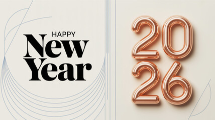 Happy new year 2026 greeting card design with metallic balloon numbers