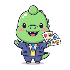 Adorable cartoon dinosaur dressed in business attire holding colorful paper
