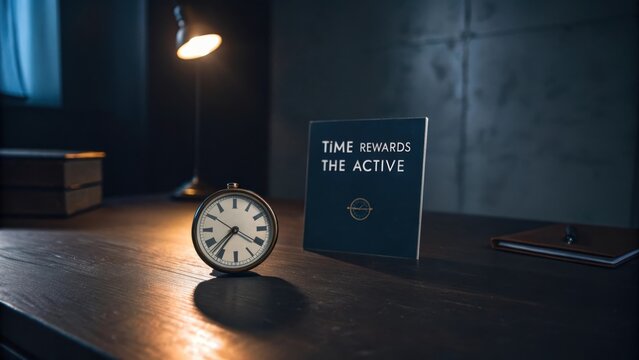 Vintage Clock and Motivational Quote Card on Dark Tabletop