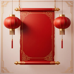 Chinese New Year red banner with hanging lanterns