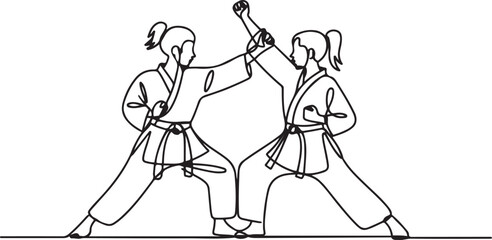 Single continuous line drawing of two young confident karateka girls in kimono practicing karate combat at dojo.one line vector illustration with out background