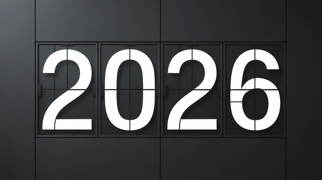 The year 2026 displayed on a modern black flip-style digital sign