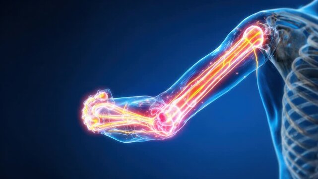 Illuminated Anatomy: A detailed, artistic illustration showcases the human arm's intricate skeletal structure, highlighted with vibrant energy, on a dark blue background.
