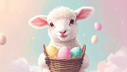 Cute Lamb Holding Easter Eggs in a Colorful Basket