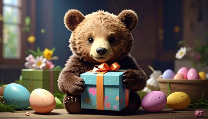 Adorable Bear with Gift Box Surrounded by Colorful Easter Eggs
