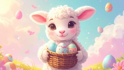 Cute Lamb Collecting Colorful Easter Eggs in a Pastoral Scene
