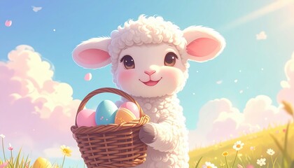 Adorable Lamb with Easter Egg Basket in Spring Meadow