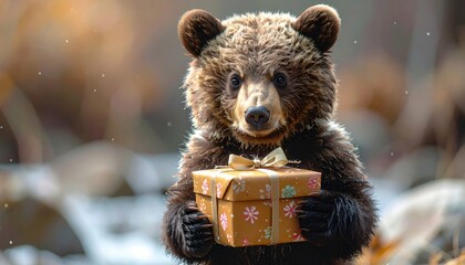 Cute Bear Holding a Gift Box in a Natural Setting