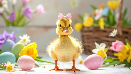 Adorable Easter Duckling Surrounded by Colorful Flowers and Eggs
