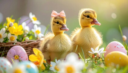 Adorable Ducklings with Easter Eggs and Flowers in Spring