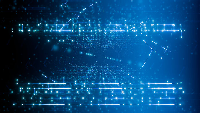 Futuristic Cyber Security Network: Glowing Digital Data Stream with Neon Nodes and Light Connections on Deep Blue Tech Background