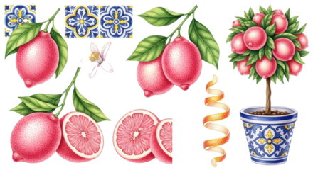 Watercolor collection of pink lemons (whole, sliced, blossoms, zest), topiary in blue pot, and Mediterranean tiles, isolated on white background, fresh Mediterranean essence