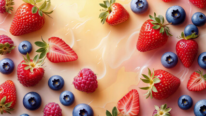 Vibrant summer berry mix flat lay with fresh strawberries, blueberries, and raspberries on a cream background