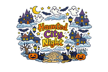 Haunted City Night. Hand-drawn doodle illustration of Haunted City Night. spooky skyline,