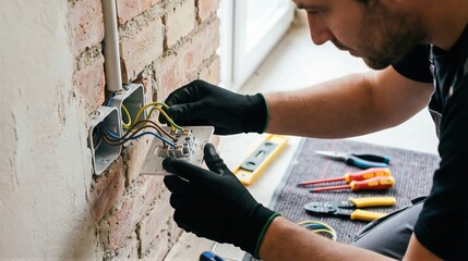 Fototapeta premium Electrician installing electrical outlet with wires in brick wall. Man worker connecting power for home renovation and construction.
