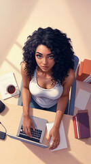 High angle view of a young woman with curly hair looking at camera while working on a laptop at a desk.