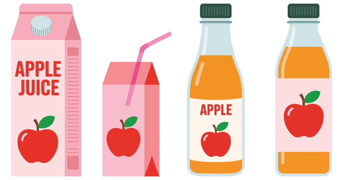 Apple juice packaging vector set with carton, box, bottle, and drink pack, fresh fruit beverage illustrations collection, suitable for product branding, menus, packaging design, and professional