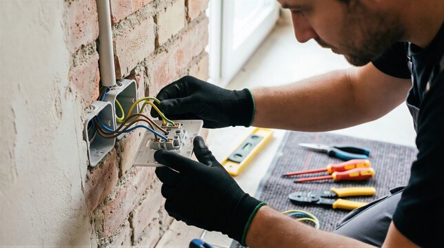 Electrician installing electrical outlet with wires in brick wall. Man worker connecting power for home renovation and construction.