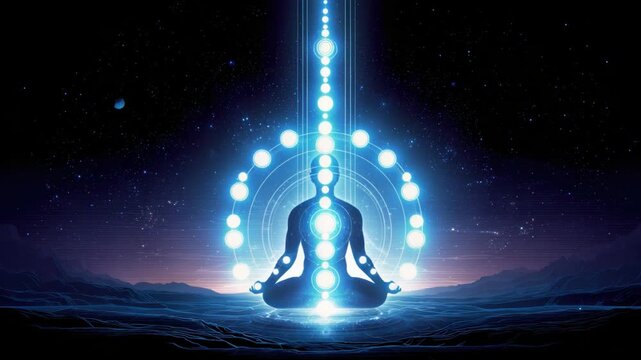 Inner Serenity: A figure sits in serene meditation, enveloped by a radiant aura, symbolizing inner peace, spiritual enlightenment, and the boundless universe.
