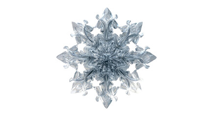 Transparent crystal snowflake with intricate icy symmetry, winter holiday decoration macro illustration isolated on white background