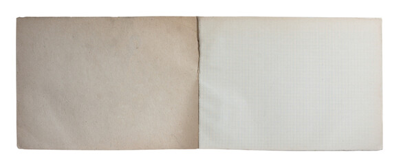 Open vintage notebook with blank aged paper page and grid lined page on white