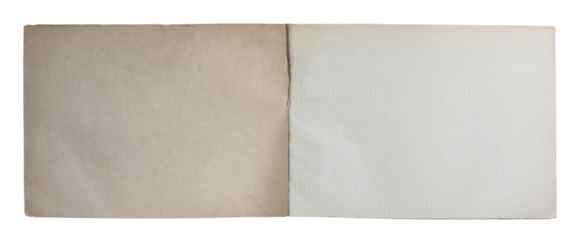 Open vintage notebook with blank aged paper page and grid lined page on white