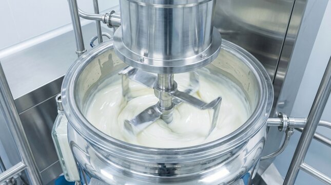 Industrial mixer blending creamy white substance in stainless steel tank