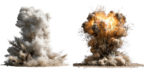 Two explosive events are seen, one a white cloud, the other a fiery explosion