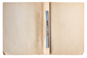 Naklejka premium Open vintage paper file folder with metal fastener on white