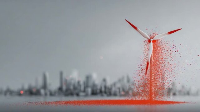 Wind Turbine and Cityscape: A dynamic shot capturing the interplay of a wind turbine and an urban skyline, possibly representing the future of sustainable energy sources and the ongoing transition. 