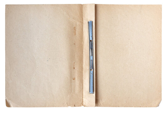 Open vintage paper file folder with metal fastener on white
