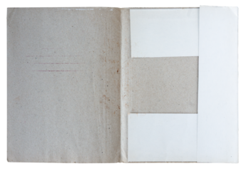 Open vintage cardboard file folder with document pockets and blank inserts showing worn office paper texture isolated on white