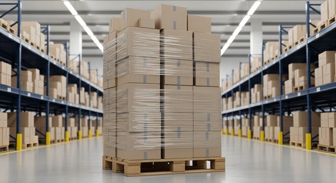 Tall stack of cardboard boxes shrink wrapped on a wooden pallet in a brightly lit warehouse with rows of shelves