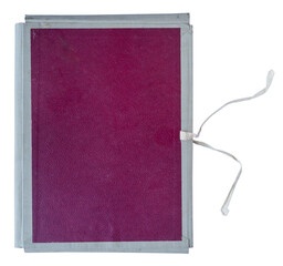 Obraz premium Closed magenta vintage fabric bound folder with ribbon ties and inner document pocket on white