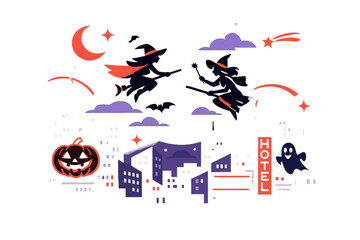 Cinematic Halloween Skyline. Halloween cityscape night. Skyscrapers silhouetted against a purple sky, witches