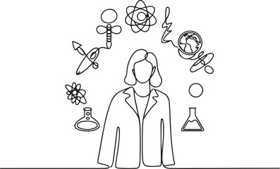 Naklejka premium Single one line drawing female scientist surrounded by scientific symbols. Symbolizing knowledge.one line vector illustration with out background