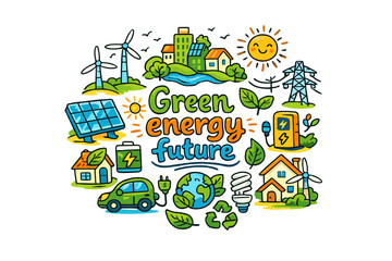 Naklejka premium Green energy future. Hand-drawn doodle illustration of Green energy future. wind turbines, solar panels, green