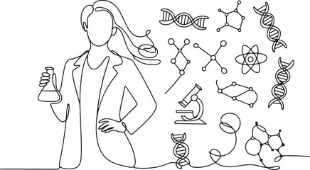 Naklejka premium Single one line drawing female scientist surrounded by scientific symbols. Symbolizing knowledge.one line vector illustration with out background