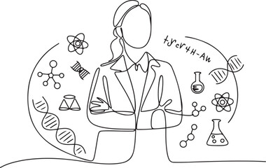 Naklejka premium Single one line drawing female scientist surrounded by scientific symbols. Symbolizing knowledge.one line vector illustration with out background